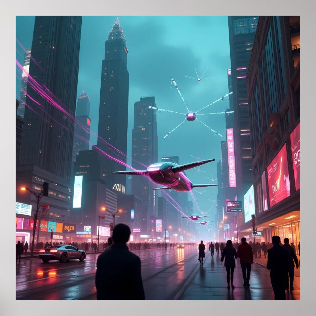 Ein Blick in das futuristische Stadtbild AI Poster (Vorne)