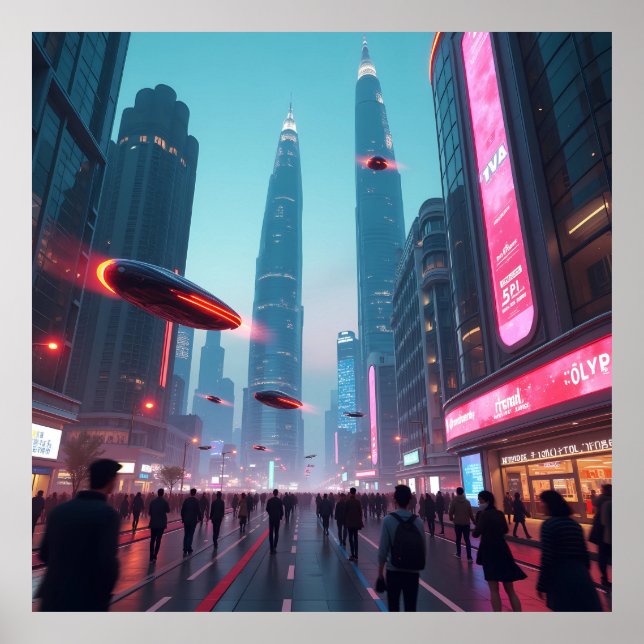 Ein Blick in das futuristische Stadtbild AI Poster (Vorne)