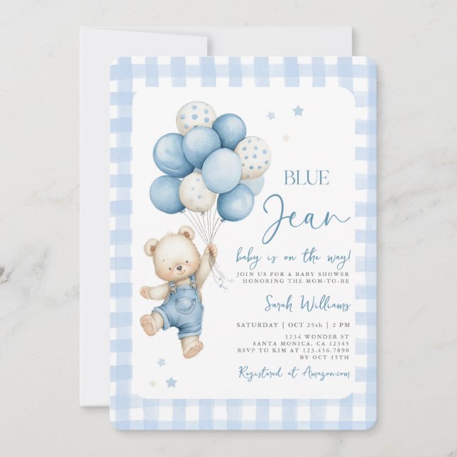 Ein Blue Jean Baby ist unterwegs Baby Shower Boy Einladung (Vorderseite)