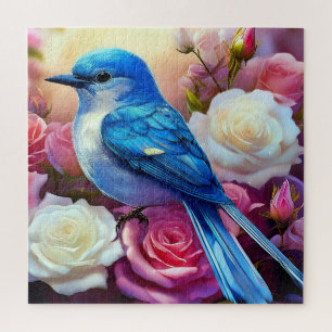Ein Bluebird, der auf einem Haufen blühender Rose Puzzle