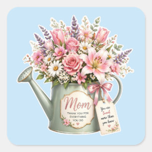 Ein Blumenstrauß in einer Gießkanne für Mama Quadratischer Aufkleber