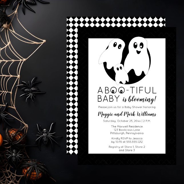 Ein BOO - TIFUL Baby blüht Halloween-Dusche Einladung ("A BOO-Tiful [Beautiful] Baby Is Blooming!" Ghost-Themed Baby Shower Invitation)