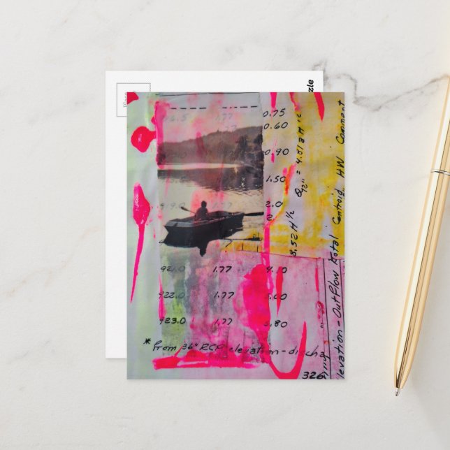Ein Boot Mixed Media Collage Pink Gelb Postkarte (Vorderseite/Rückseite Beispiel)