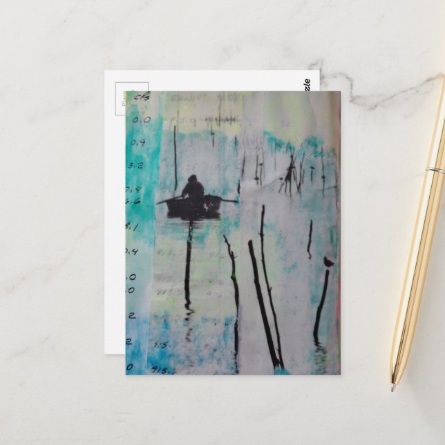 Ein Boot und ein Vogel Mixed Media Collage Postkarte (Vorderseite/Rückseite Beispiel)