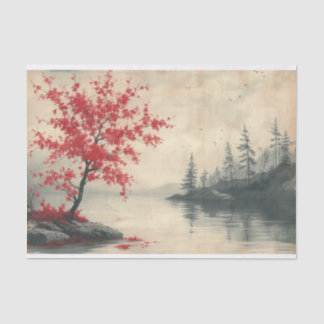 Ein brillanter roter Baum ragt in einer Aquarellfa Seidenpapier