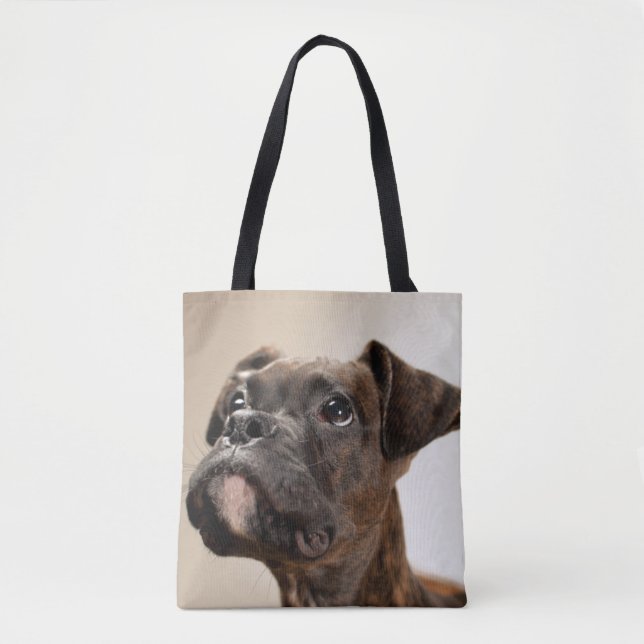 Ein Brindle Boxerwelpe, der oben neugierig schaut (Vorderseite)