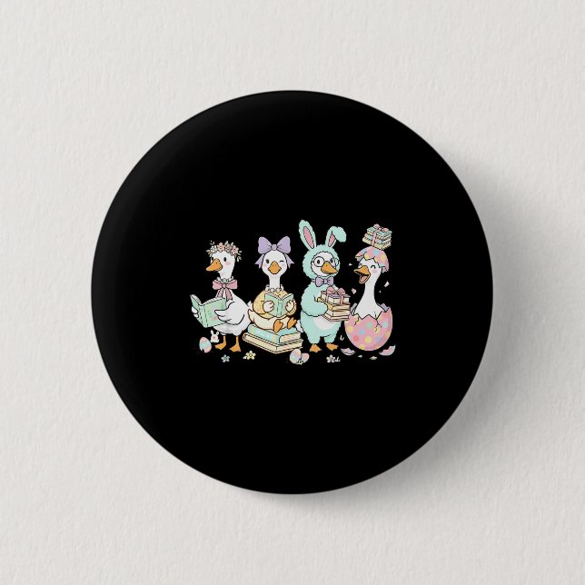 Ein bücherliebender Gänse-Hase liest an Ostern ein Button (Vorderseite)