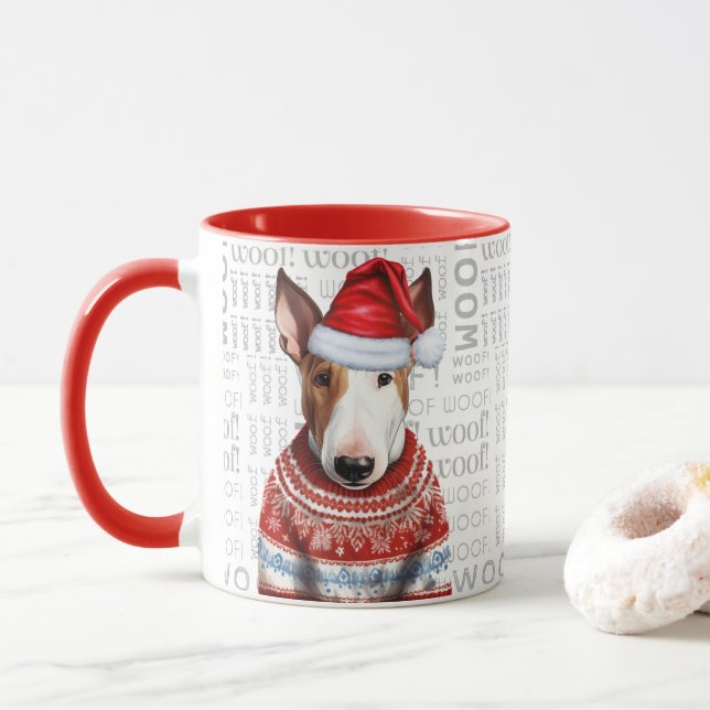 Ein Bull Terrier Santa in einem Pullover Hintergru Tasse (Mit Donut)