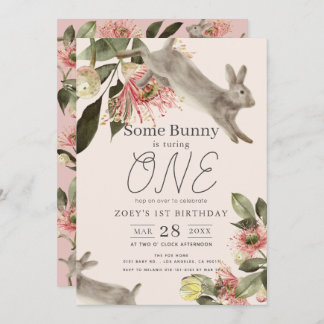 Ein bunny Pink Floral Girl 1. Geburtstag Einladung