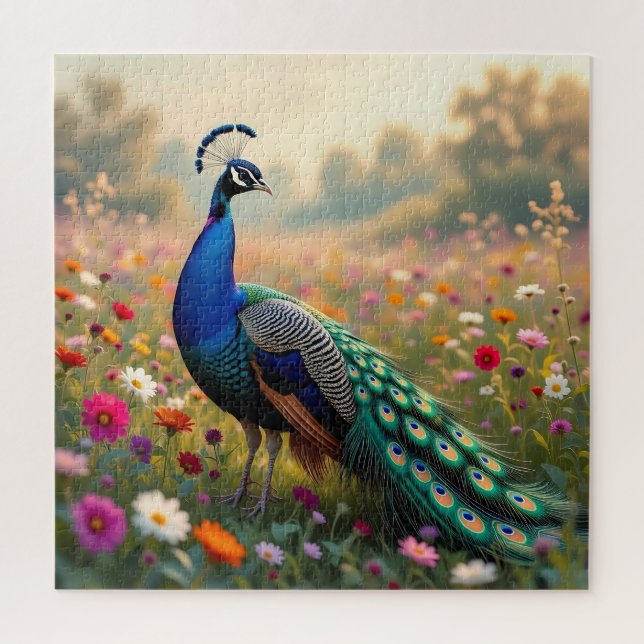 Ein bunter Pfau und Blumen  Puzzle (Vertikal)