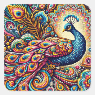 Ein buntes Bild eines Pointillismus-Pisley-Pfaus Quadratischer Aufkleber