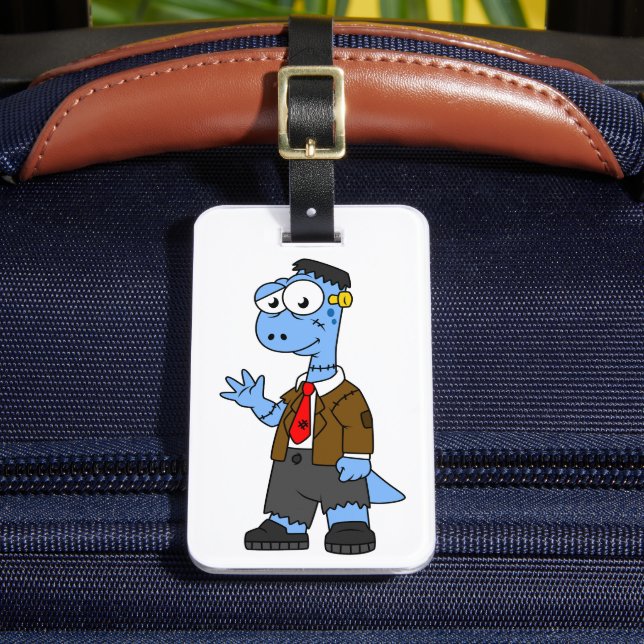 Ein Cartoon Brontosaurier verkleidete sich als Fra Gepäckanhänger (Vorderseite Insitu 2)