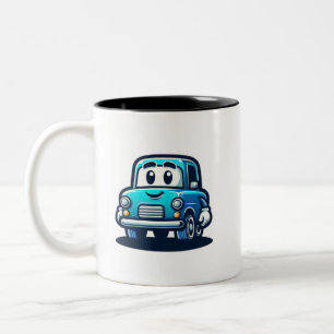 ein Cartoon eines alten, lächelnden blauen Autos Zweifarbige Tasse
