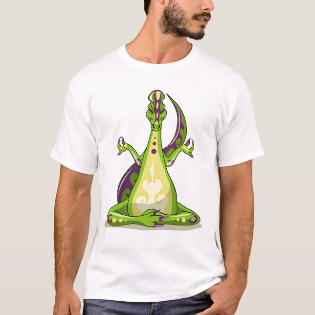 Ein Cartoon Iguanodon Dinosaurier, der Yoga macht. T-Shirt (Vorderseite)