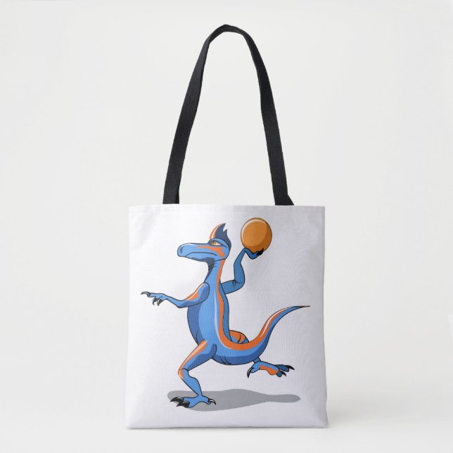 Ein Cartoon Iguanodon spielt Basketball. (Vorderseite)