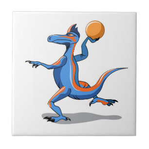 Ein Cartoon Iguanodon spielt Basketball. Fliese