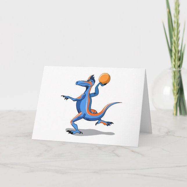 Ein Cartoon Iguanodon spielt Basketball. Karte (Vorderseite)