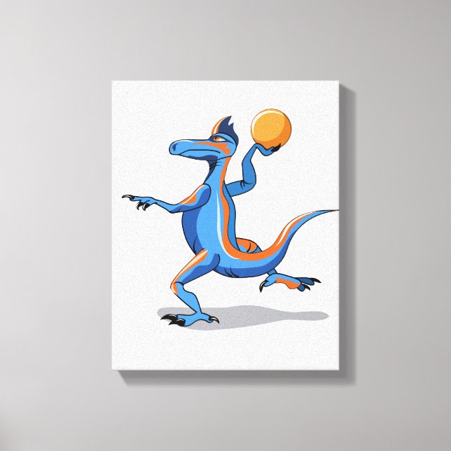 Ein Cartoon Iguanodon spielt Basketball. Leinwanddruck (Vorderseite)