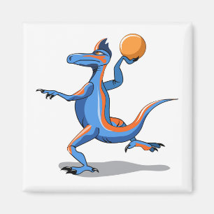 Ein Cartoon Iguanodon spielt Basketball. Magnet
