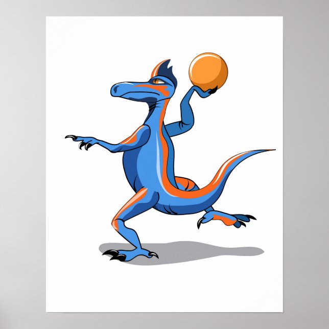 Ein Cartoon Iguanodon spielt Basketball. Poster (Vorne)