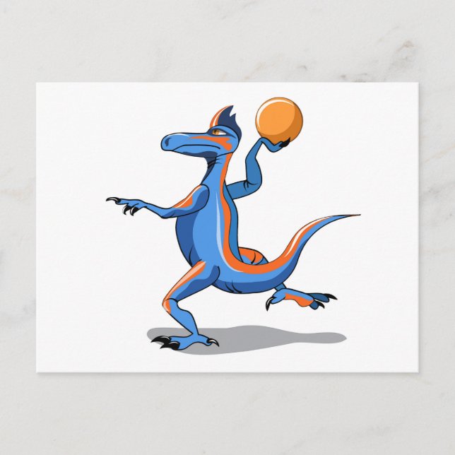 Ein Cartoon Iguanodon spielt Basketball. Postkarte (Vorderseite)