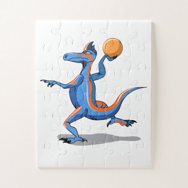 Ein Cartoon Iguanodon spielt Basketball. Puzzle (Vertikal)