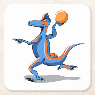 Ein Cartoon Iguanodon spielt Basketball. Rechteckiger Pappuntersetzer