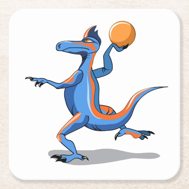 Ein Cartoon Iguanodon spielt Basketball. Rechteckiger Pappuntersetzer (Vorderseite)