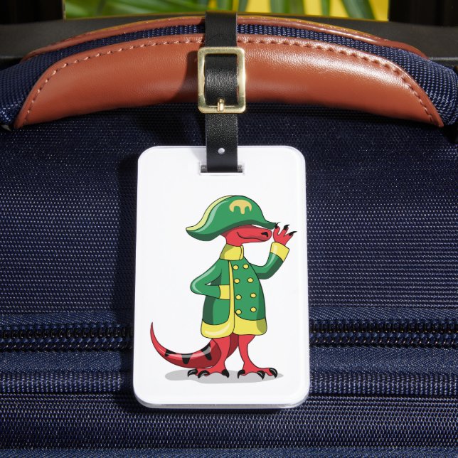 Ein Cartoon Tyrannosaur Rex verkleidet als Napoleo Gepäckanhänger (Vorderseite Insitu 2)