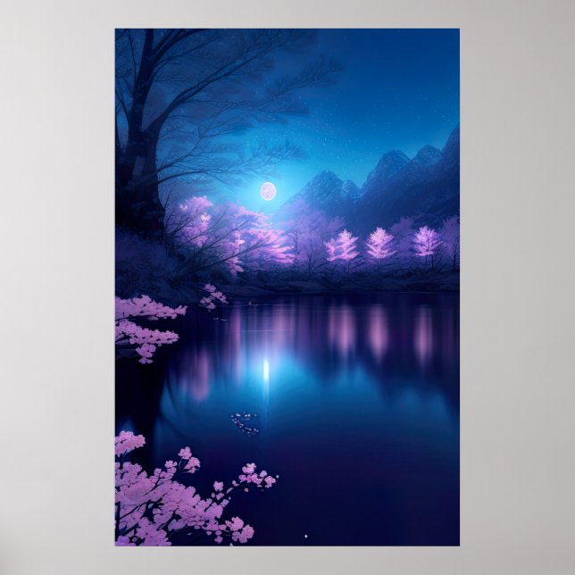 Ein Cherry Blossom See in der Nacht Poster (Vorne)