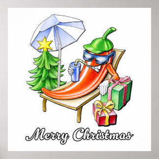 Ein Chili frohe Weihnachten unter Sonnenschirm und Poster