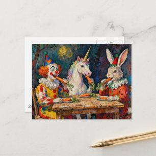 Ein Clown, ein Einhorn und ein Kaninchen, das Karo Postkarte