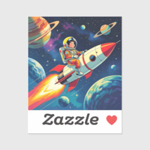 Ein Comic-Book-Style-Boy auf einer Rakete im Weltr Aufkleber
