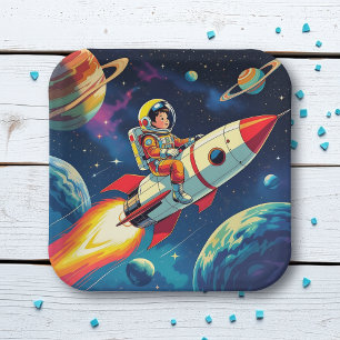 Ein Comic-Book-Style-Boy auf einer Rakete im Weltr Pappteller