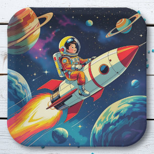 Ein Comic-Book-Style-Boy auf einer Rakete im Weltr Pappteller