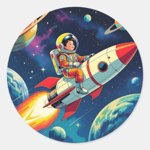 Ein Comic-Book-Style-Boy auf einer Rakete im Weltr Runder Aufkleber