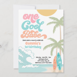 Ein Cooles Babe Retro Surf 1. Geburtstag Party Einladung