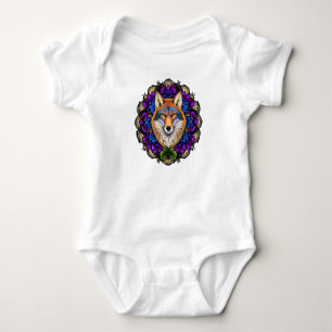 Ein Coyote, umgeben von einem Kranz der Pasque-Blu Baby Strampler