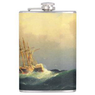 Ein Dampfschiff in einem Sturm im Atlantischen Oze Flachmann