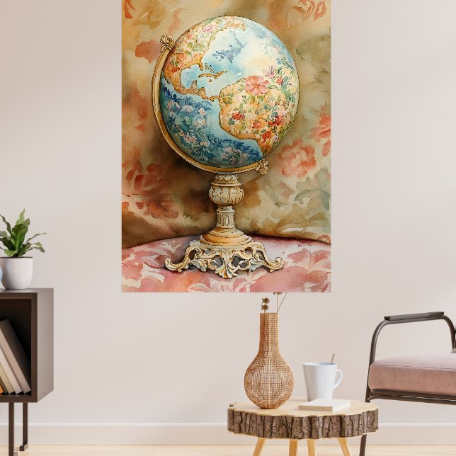 Ein dekorativer Globus, verziert mit floralen Moti Poster (Wohnzimmer 3)