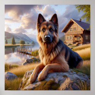 Ein deutscher Hirte in einer rustikalen Landschaft Poster