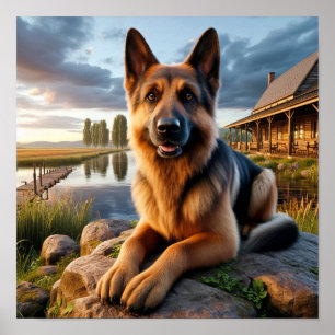 Ein deutscher Hirte in einer rustikalen Landschaft Poster