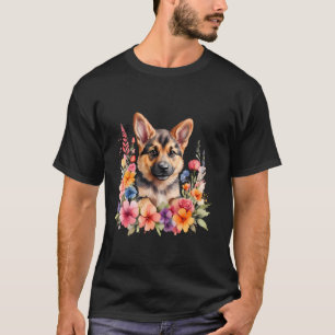Ein deutscher Schäferhund, der mit schönen Blumen T-Shirt