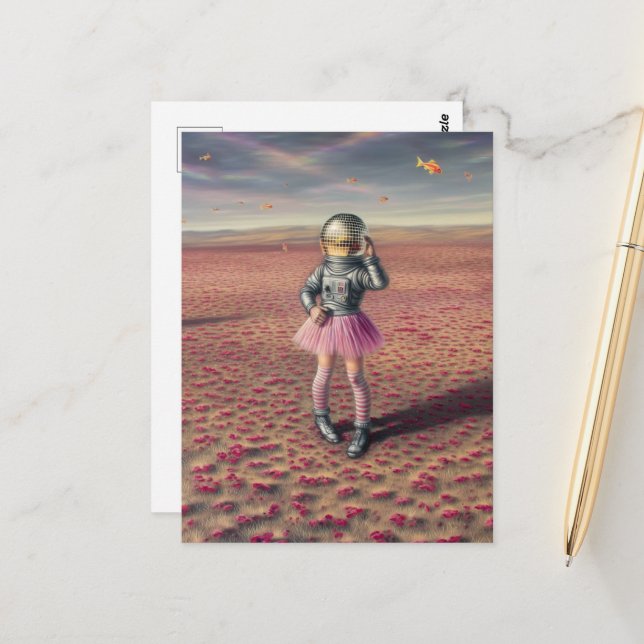 Ein Disco-Astronaut auf Mohnwiese, der Goldfische  Postkarte (Vorderseite/Rückseite Beispiel)
