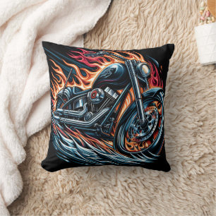 Ein donnerndes Motorrad umgeben von feurigen Flamm Kissen