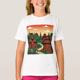 Ein Dorf in einem Illustrationsstil gezeichnet T-Shirt