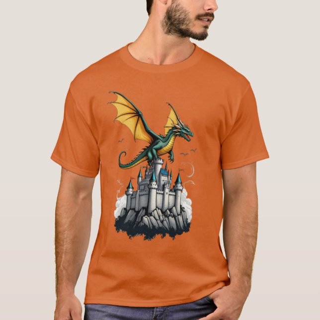 ein Drache, der über den T - Shirt eines Schlosses (Vorderseite)