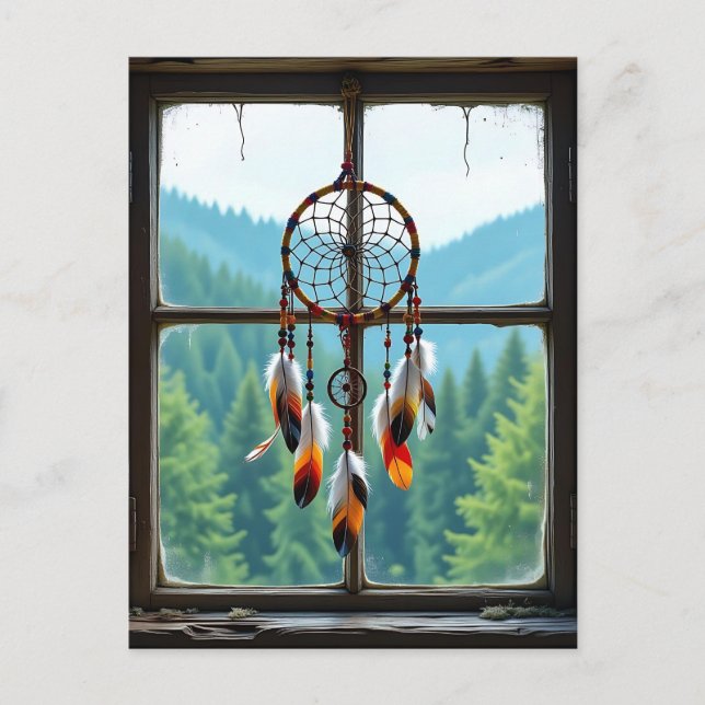 Ein Dreamcatcher in einem Fenster mit Blick auf di Postkarte (Vorderseite)