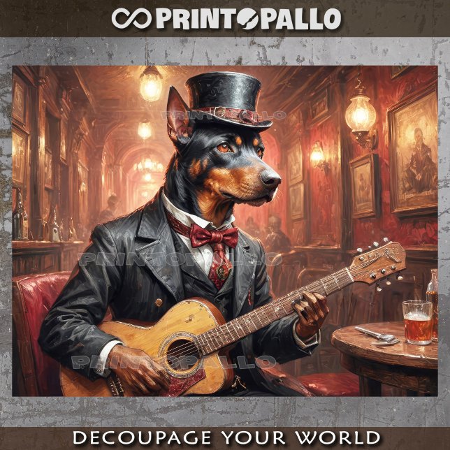Ein edler Doberman-Hund, der Gitarre in einem Pub  Seidenpapier (Von Creator hochgeladen)