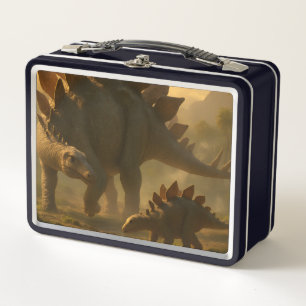 Ein edler, erwachsener Stegosaurus, der seine jung Metall Brotdose